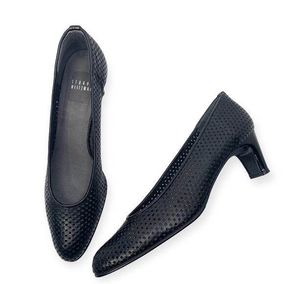 Stuart Weitzman black leather closed toe perforated summer pumps narrow womens 8 - Picture 1 of 7